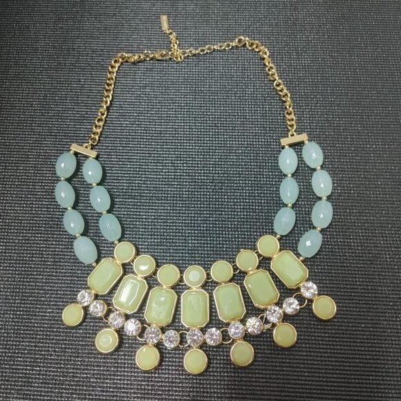 Blubrebar Gold Tone Green Aqua Statement Necklace Beaded Resin Rhinestones - Picture 5 of 8